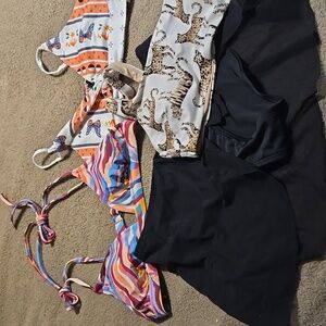 Set Of 3 Swim Pieces 3 Colorful Bikini Tops & 1 Black Bikini Bottom Skort